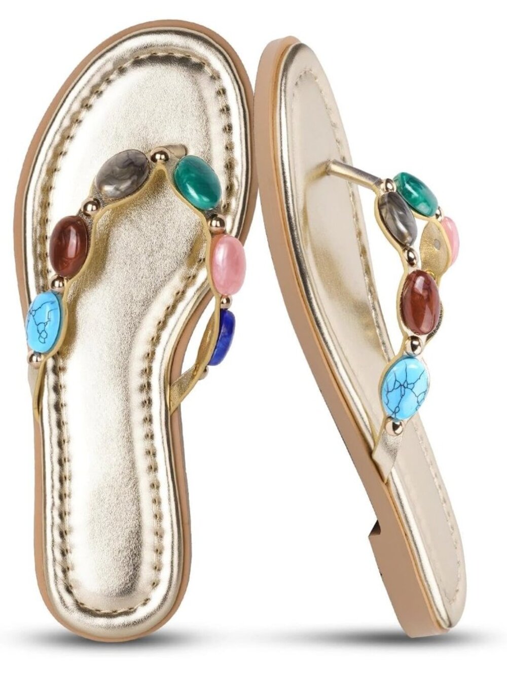 Women's Gold Jeweled Comfortable Square Toe Slip on Flip Flop Floral Flat Shoes